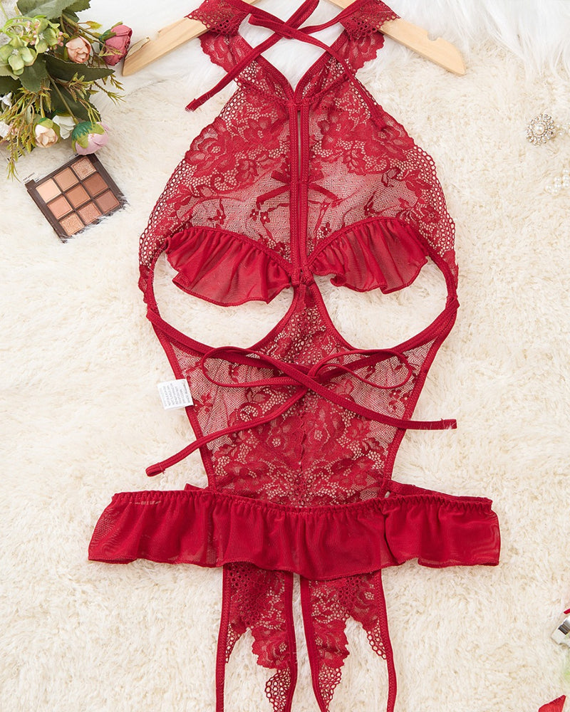 Women's Sexy Hollow Backless Transparent Floral Lace Open Crotch Design Bodysuit Secondary image