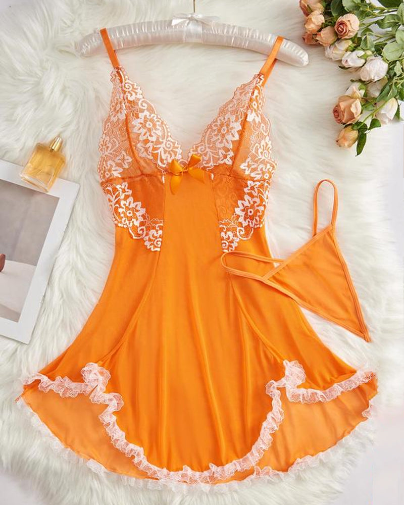 Sexy Deep V Contrast Lace Mesh Bow Decoration Suspender Nightdress (With Thong) Secondary image