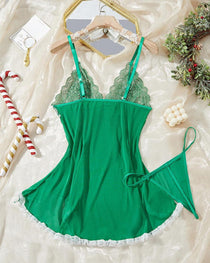 Sexy Deep V Contrast Lace Mesh Bow Decoration Suspender Nightdress (With Thong)