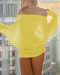 Women's Sexy Loose See-through Bat Sleeve Off-the-shoulder Long Sleeve Mini-Pleated Dress