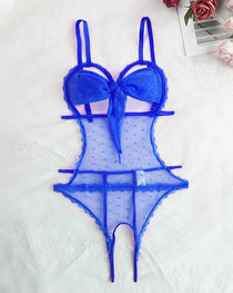 Sexy Floral Lace Bow Tie Open Crotch Hollow Polka Dot Mesh One-Piece Pajamas