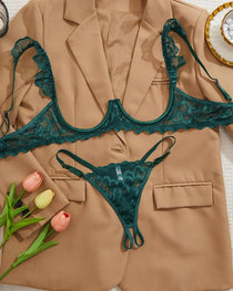Women's Lace Sexy Underwire Spaghetti Straps Adjustable Bra and Open Crotch Design Thong Set