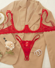 Women's Lace Sexy Underwire Spaghetti Straps Adjustable Bra and Open Crotch Design Thong Set