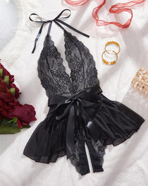 Women's Sexy Flower Lace Open Crotch Design Suspender Tight Backless Nightgown