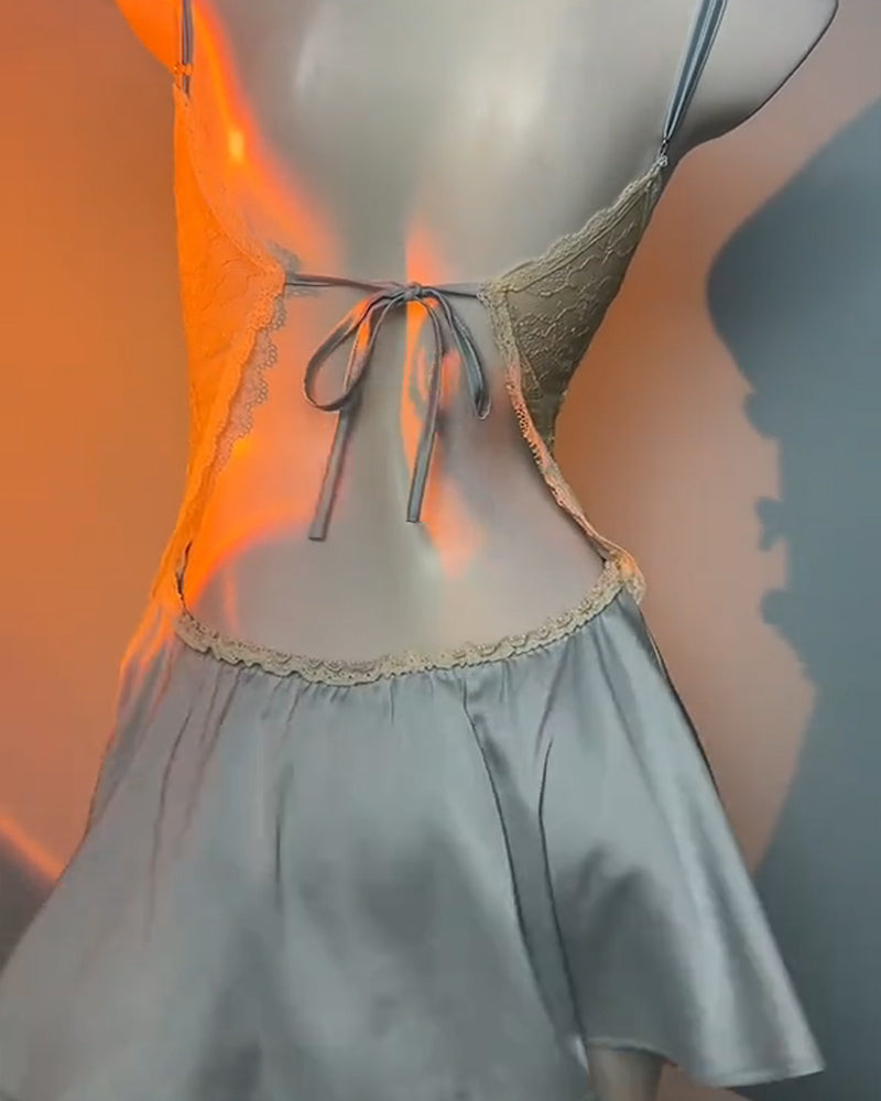 Women's V-Neck Lace Colorblock Ice Silk Bow Design Suspender Nightdress Secondary image