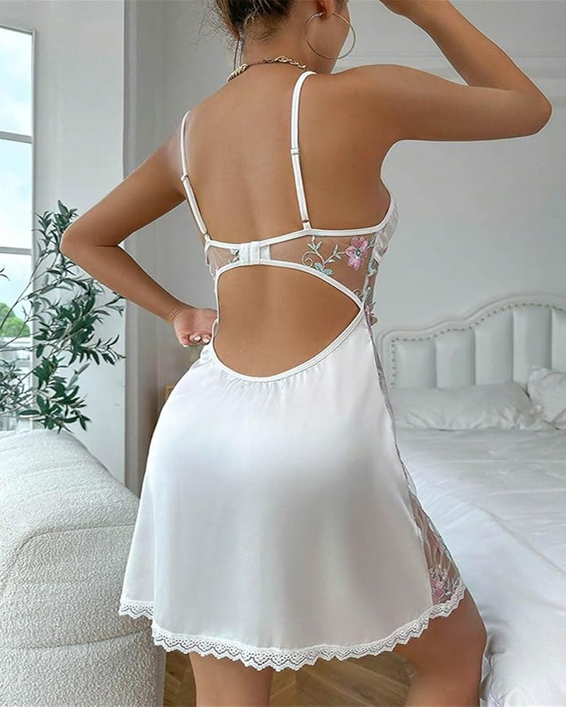 Women's Floral Eyelet Embroidery Lace Edge Satin V-Neck Suspender Nightdress Secondary image
