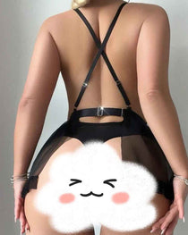 Sexy Deep V See-through Lace Mesh Backless Bodysuit and Fishnet Stockings Set