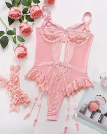 Sexy Lace Mesh Backless Ruffled Decoration Hollow Ring Buckle One-Piece Pajamas
