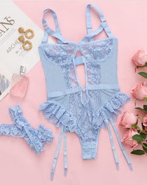 Sexy Lace Mesh Backless Ruffled Decoration Hollow Ring Buckle One-Piece Pajamas