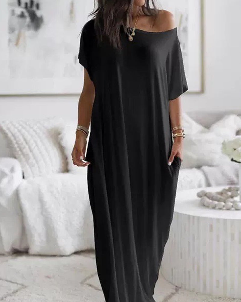 Women's Solid Color Bat Sleeve Casual Comfortable Short Sleeve Dress Secondary image