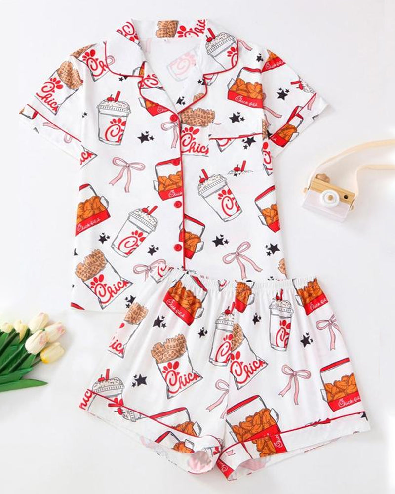 Women's Funny Fried Chicken Print Lapel Short Sleeve Shirt and Shorts Pajama Two-Piece Set Main image