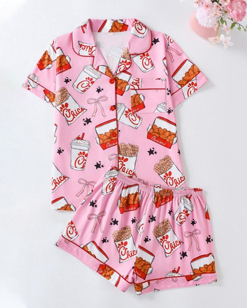 Women's Funny Fried Chicken Print Lapel Short Sleeve Shirt and Shorts Pajama Two-Piece Set Secondary image
