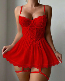 Sexy Lace Tie-Up Design See-Through Low-Cut Suspender Nightdress