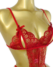 Women's Sexy Hollow Translucent Floral Lace Backless One-Piece Pajamas