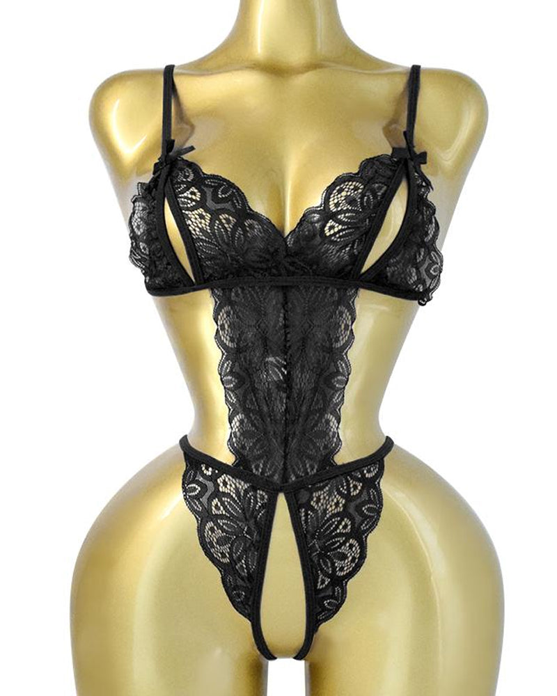Women's Sexy Hollow Translucent Floral Lace Backless One-Piece Pajamas Secondary image