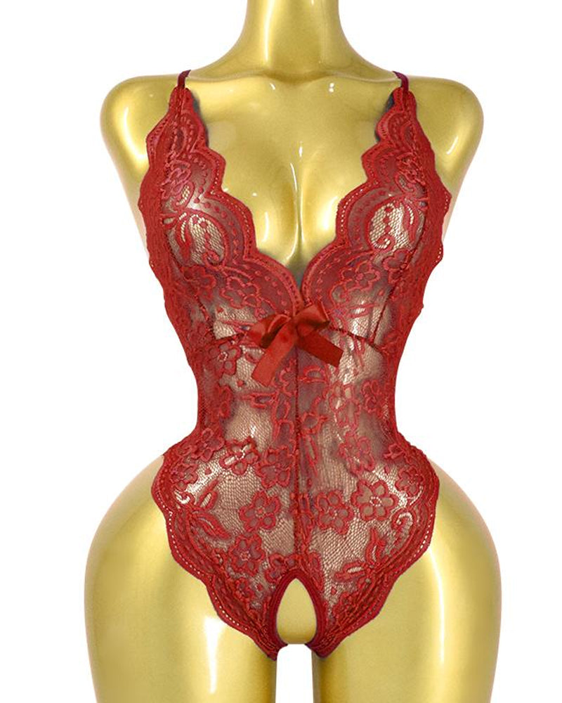 Deep V Sexy Translucent Floral Lace Cross-Back Open Crotch Design One-Piece Pajamas Main image