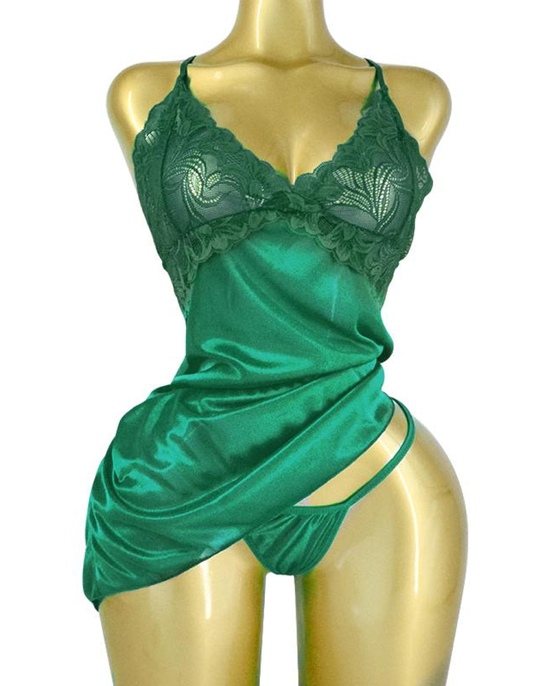 Women's Sexy Lace Satin V Neck Adjustable Straps Backless Nightdress with Thong Main image