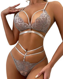 Women's Floral Lace Sexy Adjustable Strap Bra and Thong Set