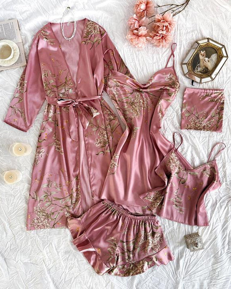 Women's Satin Printed Suspender Top Shorts Suspender Dress Nightgown Home Clothes Five-Piece Set Main image