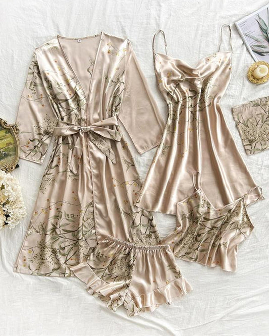 Women's Satin Printed Suspender Top Shorts Suspender Dress Nightgown Home Clothes Five-Piece Set