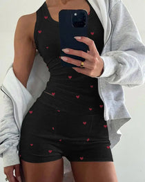 Women's Heart Pattern U Neck Tank Top and Casual Elastic Waist Shorts 2-Piece Set