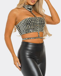 Sexy Halter Neck Backless Elastic Slim Fit Diamond Vest