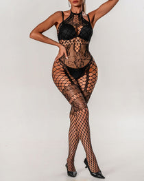 Sexy Halterneck Jacquard Lace Hollow See-Through Fishnet Stockings One-Piece Pajamas