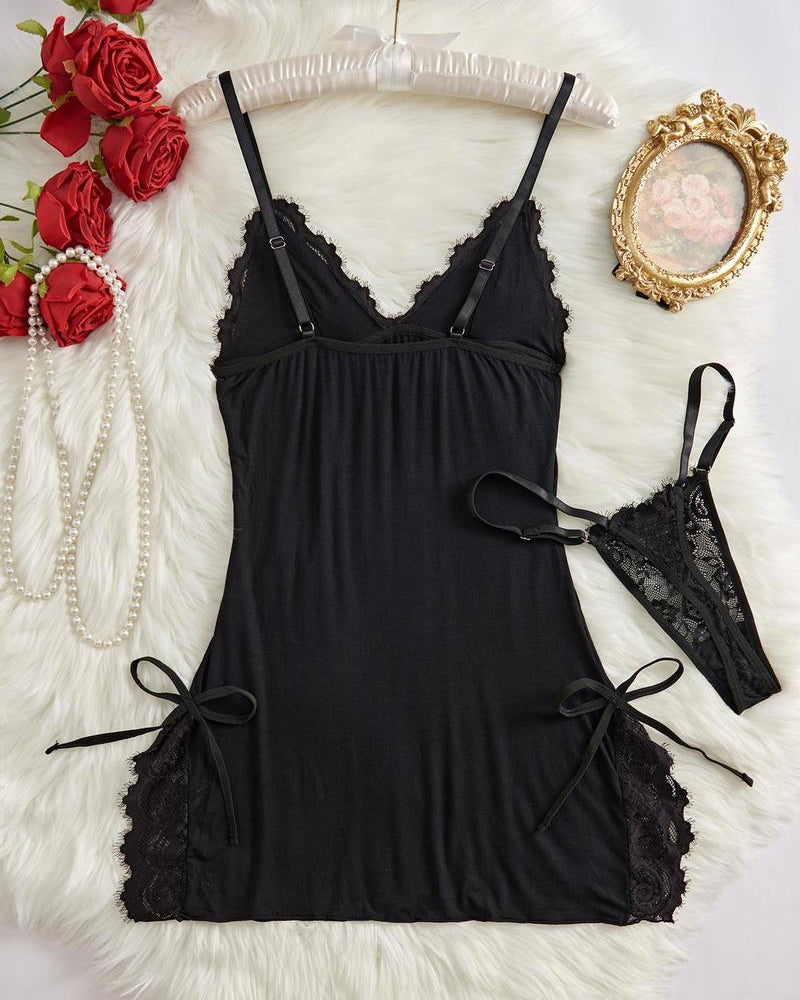 Sexy Bow Decorated Contrast Lace Suspender Nightdress Nightdress and Thong Set Secondary image