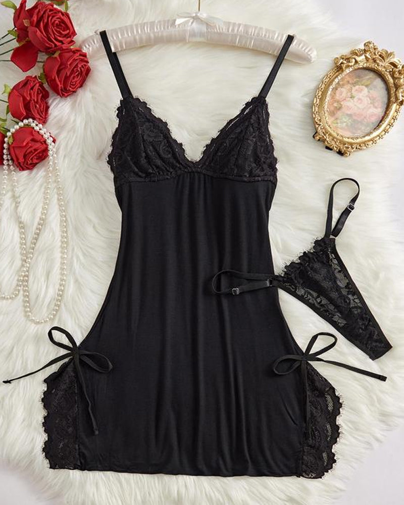 Sexy Bow Decorated Contrast Lace Suspender Nightdress Nightdress and Thong Set Main image