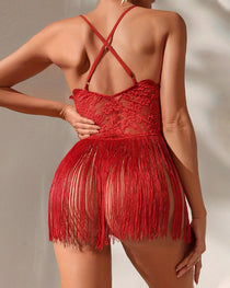Sexy Deep V Lace Tassel Suspender Dress and Thong Pajama Set