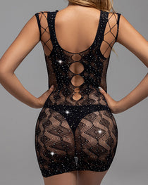 Sexy Diamond Hollow Black Lace Nightdress