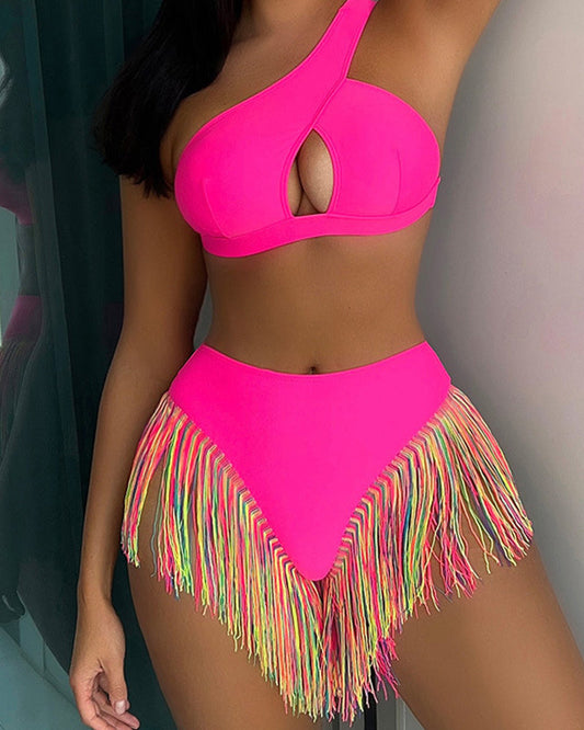 Women's Solid Fringe Hem Bikini Swimsuit