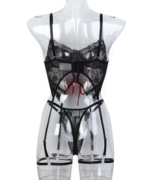 Sexy Flower Embroidered Cross Strap Pajamas Three Piece Set