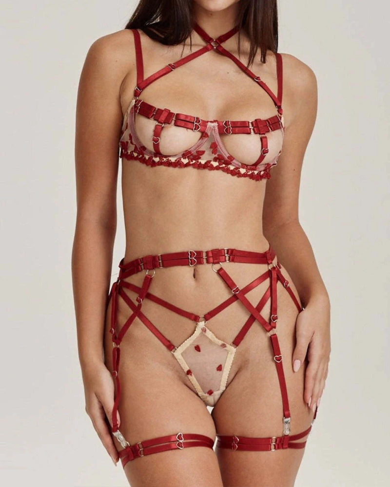 Sexy Floral Lace Two-Color Stitching Heart Decoration Adjustable Strap Design Set Main image