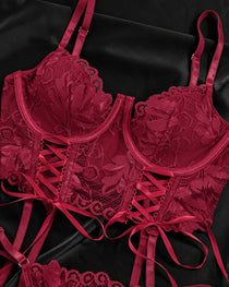 Sexy Lace Low-Cut Gathered String Bra and Thong Pajamas Set
