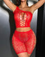 Sexy High Elastic Asymmetric Off-shoulder Fishnet Hollow Bodysuit Bra Shorts Set