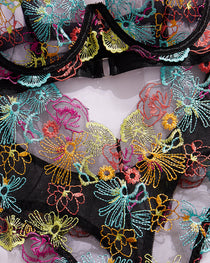 Colorful Flower Embroidery Sexy Lace Underwire Gathered Mesh Bodysuit