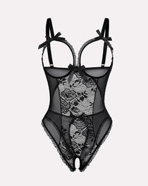 Sexy Flower Lace Mesh Stitching Chest Hollow Open Crotch One-Piece Pajamas