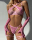 Pink Leopard Print Metal Chain Bra Set with Gloves and Leg Rings