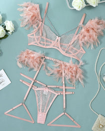 Sexy Lace Metal Chain Feather Embellished Pajama Set