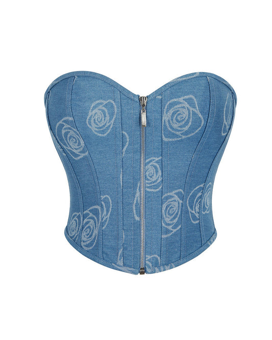 Vintage Rose Floral Embroidery Tie-Back Front Zipper Shapewear Corset Denim Top