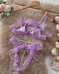 Lace Mesh Bow Tie Pearl Decoration Lingerie Set