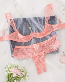 Sexy Lace Mesh Open Crotch Hollow Bra Underwear Set
