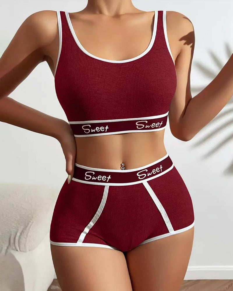 Yoga Letter Tape Contrast Bra and Boxer Briefs Casual Sports Set Secondary image