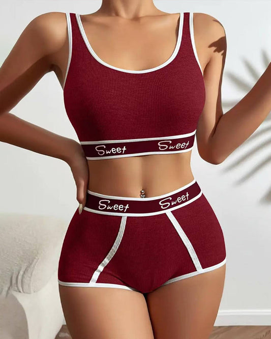 Yoga Letter Tape Contrast Bra and Boxer Briefs Casual Sports Set
