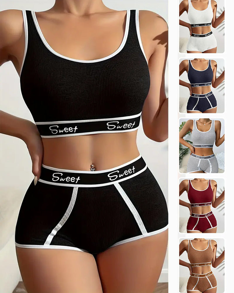 Yoga Letter Tape Contrast Bra and Boxer Briefs Casual Sports Set Main image