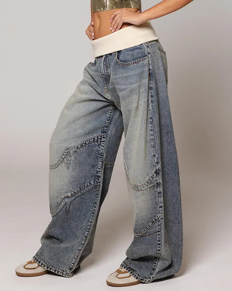 Vintage Knitted Belt Design Loose Washed Jeans Secondary image