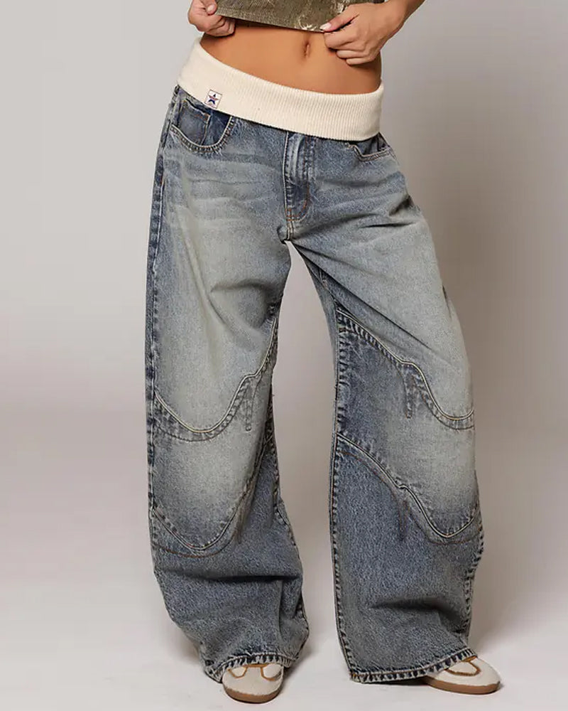 Vintage Knitted Belt Design Loose Washed Jeans Main image