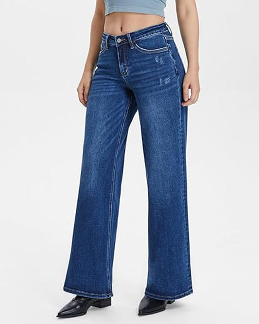 Mid-Rise Loose Stretch Wide-Leg Jeans