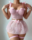 Heart-Shaped Sheer Mesh and 3D Flower Decorative Pajama Set with Fishnet Socks